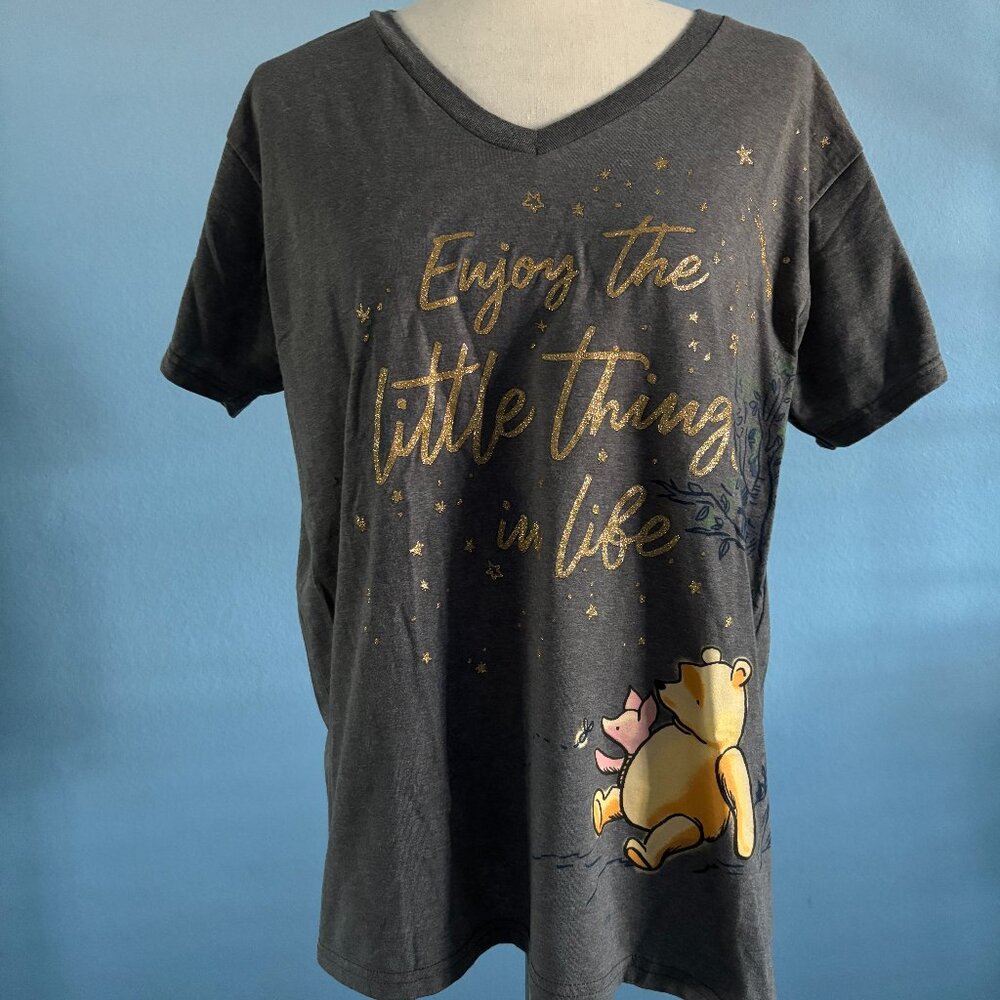 Winnie the Pooh & Piglet Shirt - Gold Sparkles - V Neck - Size Large - Disney